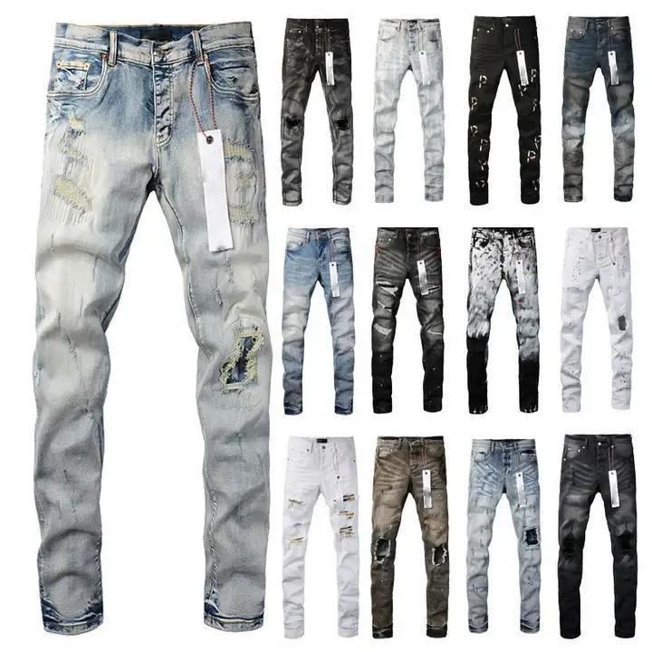 High Quality Designer Ripped Jeans Ripped Men'S Purple Jeans Streets Styles Purple Jeans