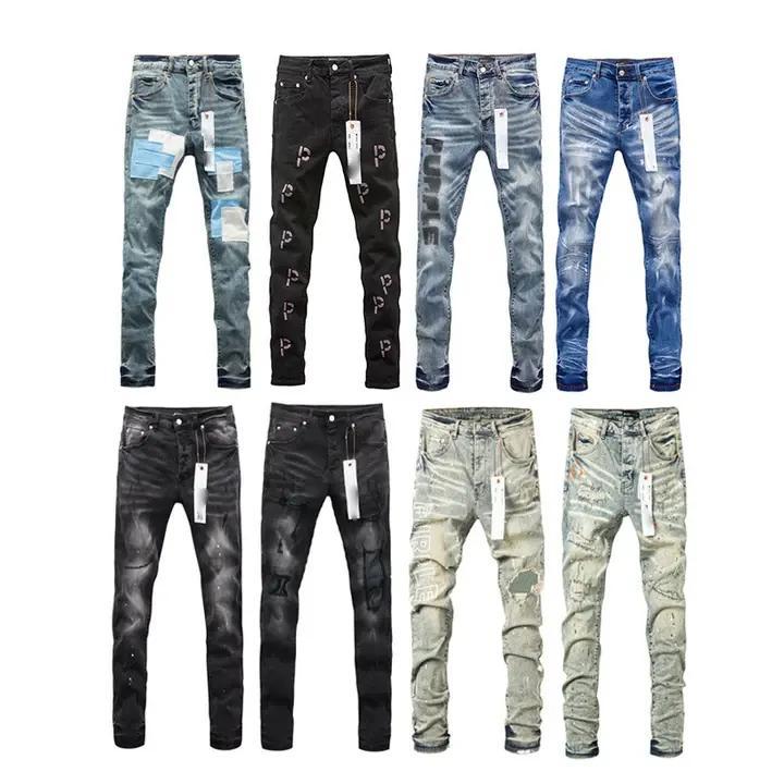 High Quality Designer Ripped Jeans Ripped Men'S Purple Jeans Streets Styles Purple Jeans