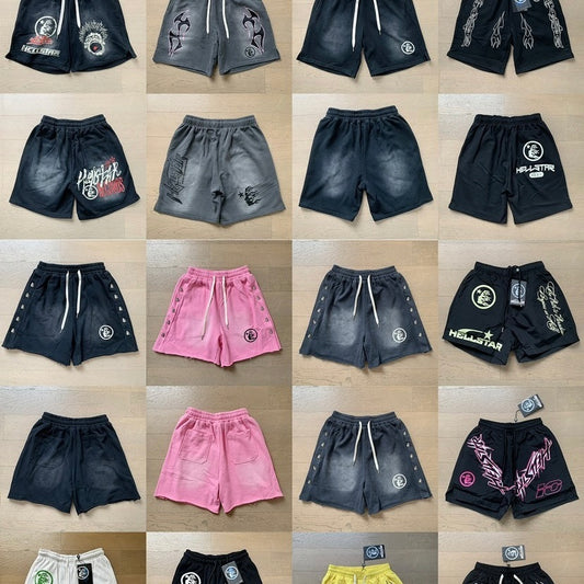 Men's Hellstar Washed Vintage Graphic Drawstring Shorts Oversized Streetwear Y2K Casual Shorts