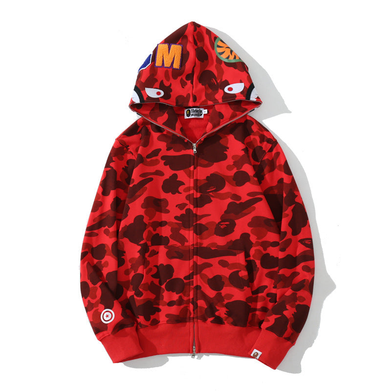 Wholesale bape shark head camouflage hoodies cardigan zipper terry men's and women's trendy brand sweatshirt jacket