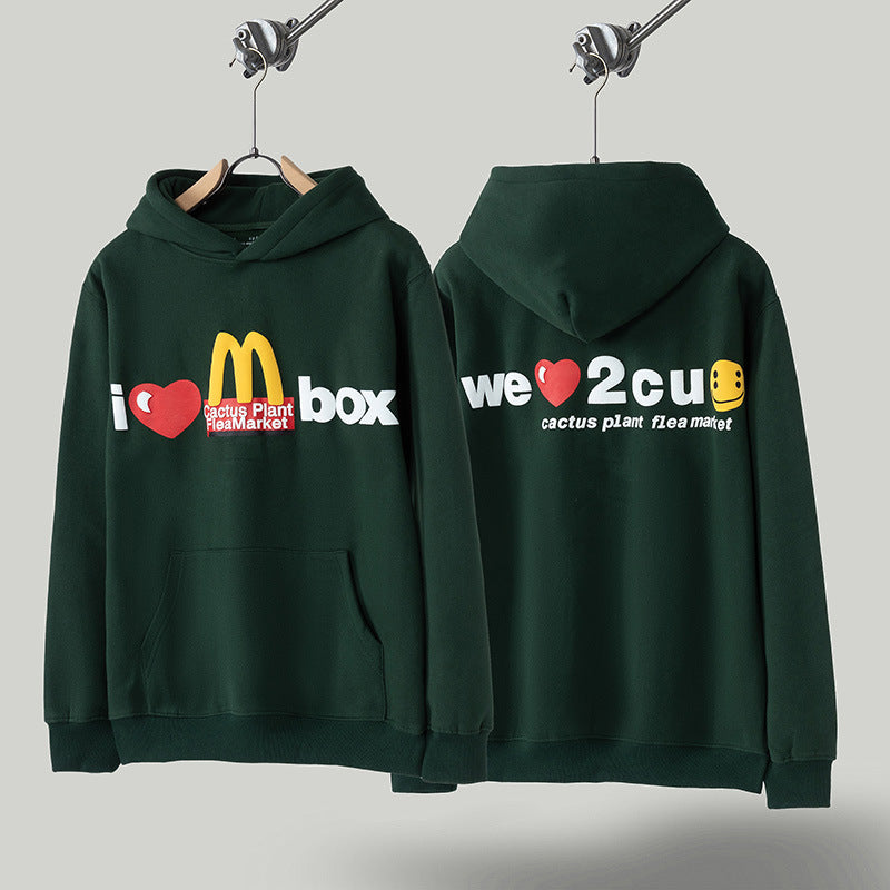 High Street Smiley Face Burger Foam Letter Sweatshirt Plus Velvet Hoodie