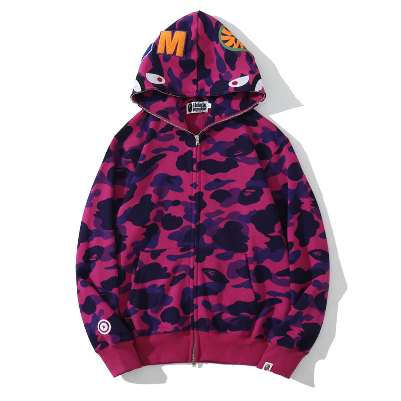 Wholesale bape shark head camouflage hoodies cardigan zipper terry men's and women's trendy brand sweatshirt jacket