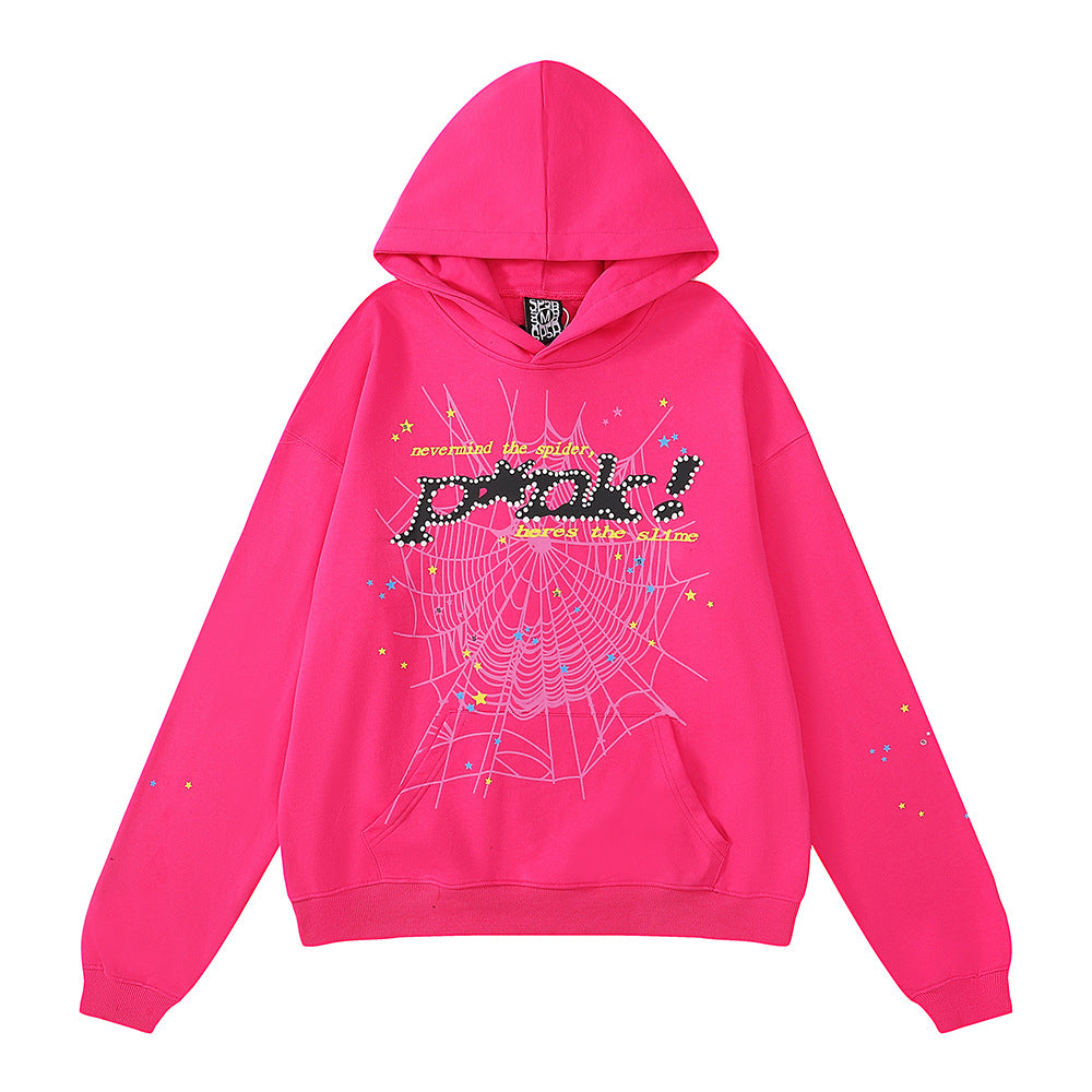 Spider Pink 100% Cotton trendy street loose hooded sweatshirt for men and women