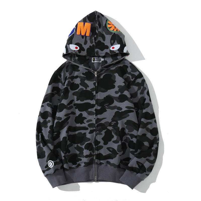 Wholesale bape shark head camouflage hoodies cardigan zipper terry men's and women's trendy brand sweatshirt jacket