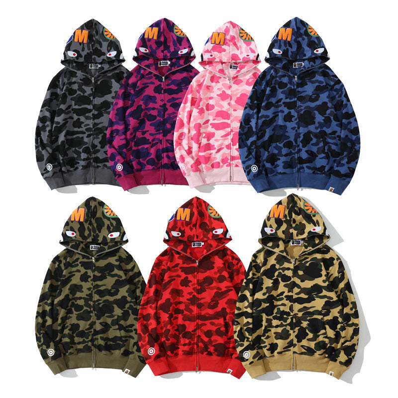 Wholesale bape shark head camouflage hoodies cardigan zipper terry men's and women's trendy brand sweatshirt jacket