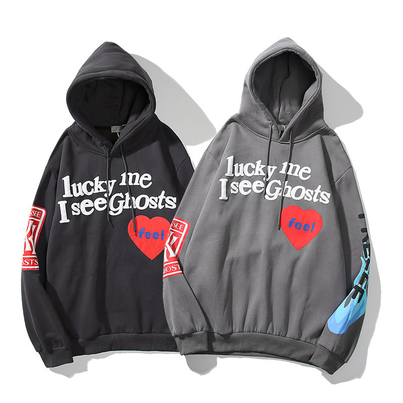 Y2K street red love heart graffiti foam printed sweatshirt fog trendy brand hoodie jacket