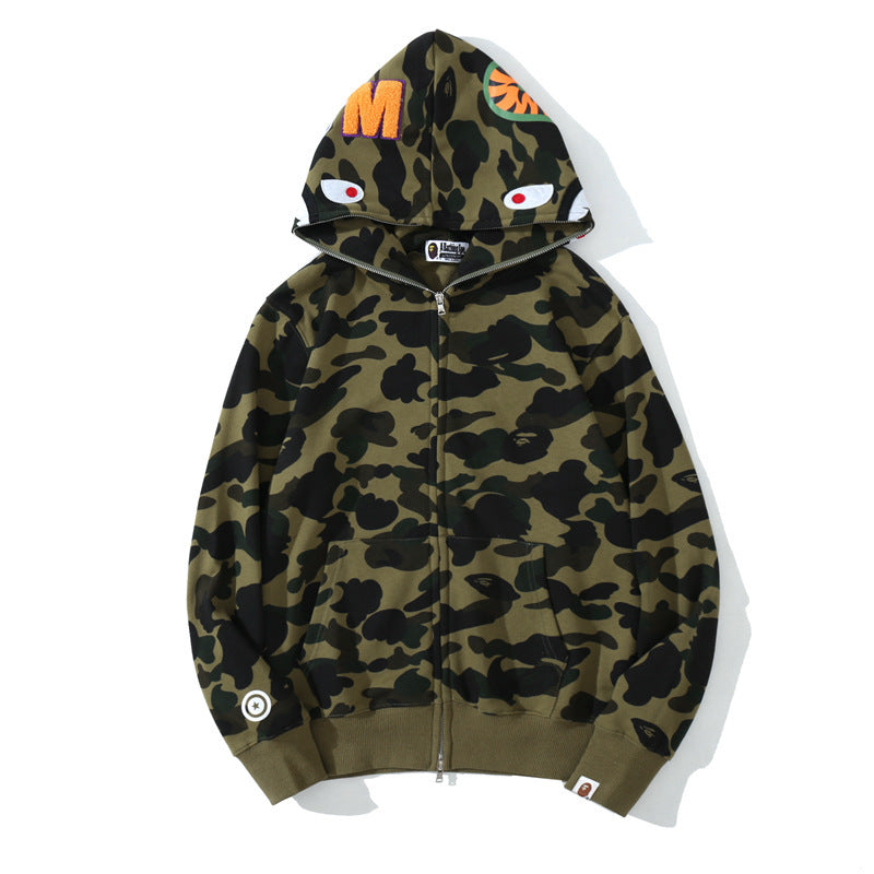 Wholesale bape shark head camouflage hoodies cardigan zipper terry men's and women's trendy brand sweatshirt jacket