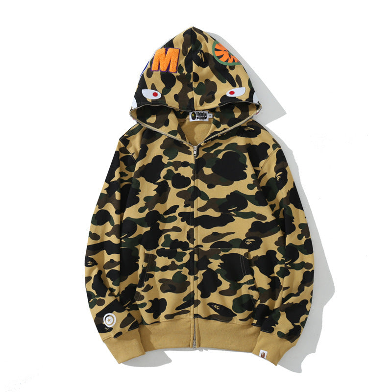 Wholesale bape shark head camouflage hoodies cardigan zipper terry men's and women's trendy brand sweatshirt jacket