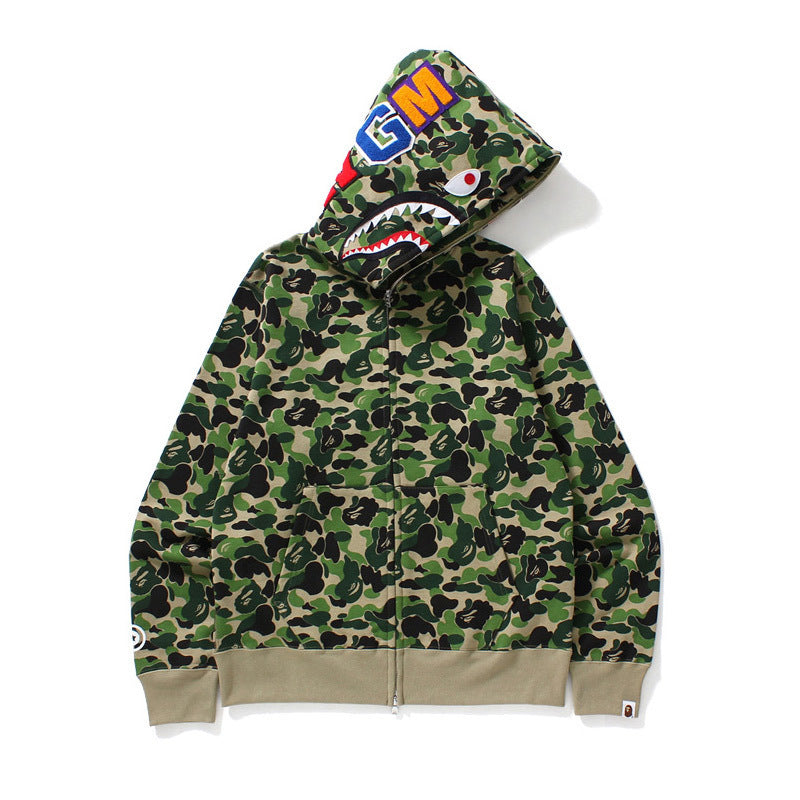 Wholesale bape shark head camouflage hoodies cardigan zipper terry men's and women's trendy brand sweatshirt jacket