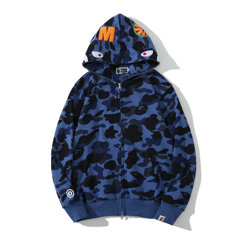 Wholesale bape shark head camouflage hoodies cardigan zipper terry men's and women's trendy brand sweatshirt jacket