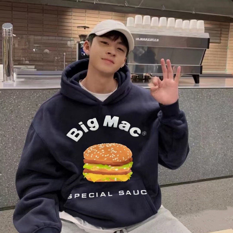 High Street Smiley Face Burger Foam Letter Sweatshirt Plus Velvet Hoodie