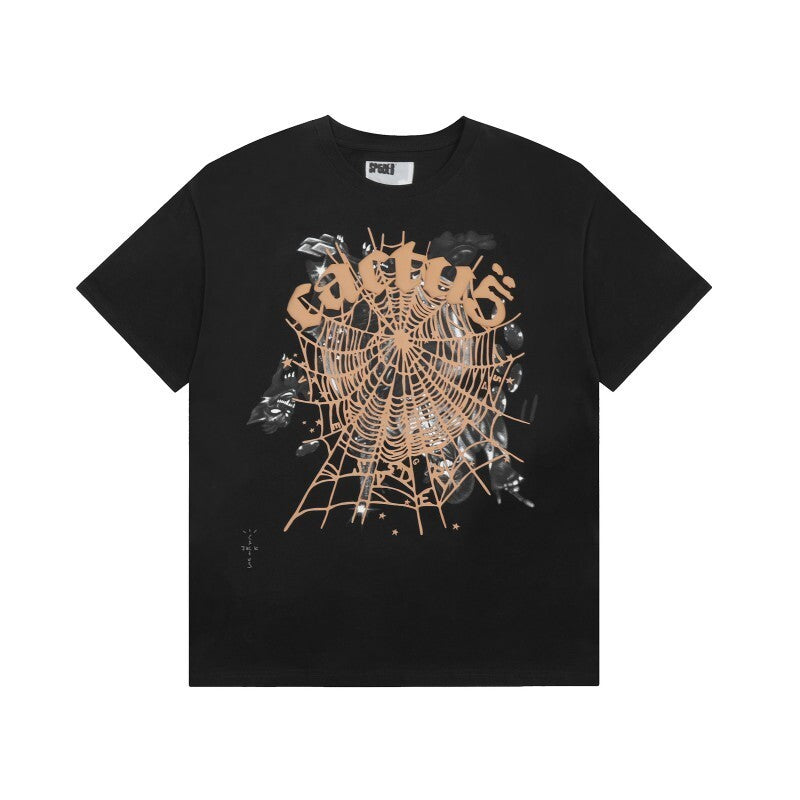 Men's Sp5der Web Graphic Oversized T-Shirt, Y2K Streetwear Cotton Short Sleeve Tee