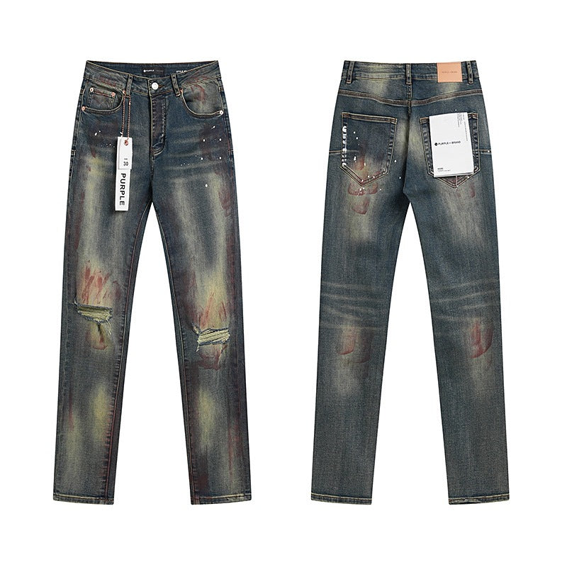 Ksubi Purple AM Paint Splatter Distressed Slim-Fit Denim Jeans – Vintage Streetwear for Men & Women