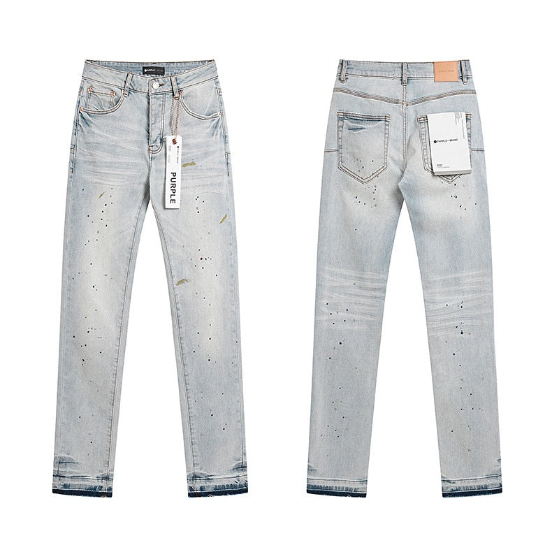 Ksubi Purple AM Paint Splatter Distressed Slim-Fit Denim Jeans – Vintage Streetwear for Men & Women