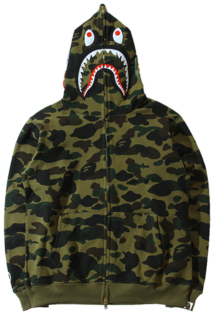 100% cotton fashion pure cotton shark head embroidery casual fashion men's and women's zipper hoodie