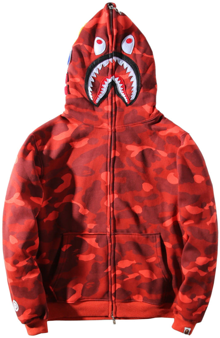 100% cotton fashion pure cotton shark head embroidery casual fashion men's and women's zipper hoodie