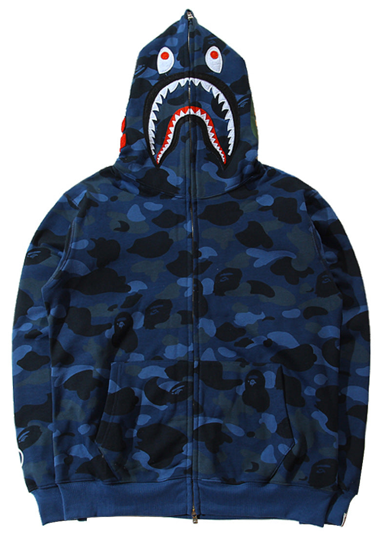 100% cotton fashion pure cotton shark head embroidery casual fashion men's and women's zipper hoodie