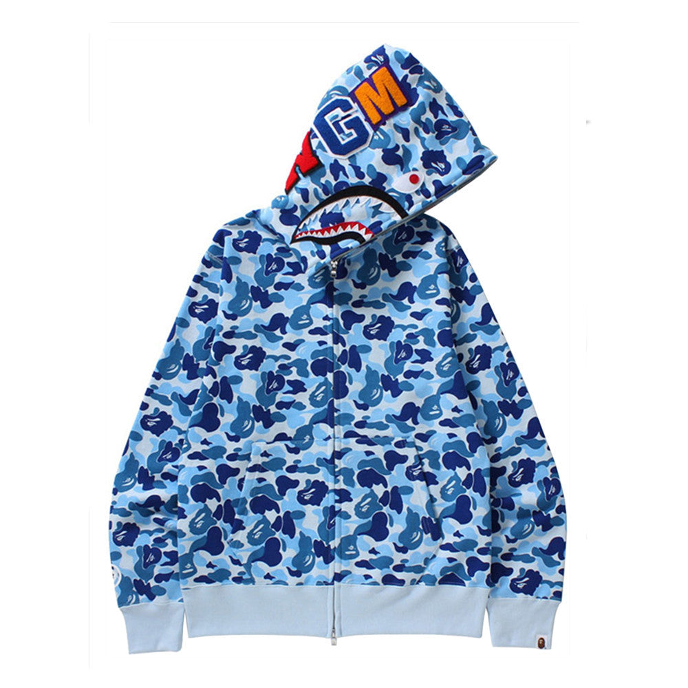 100% cotton fashion pure cotton shark head embroidery casual fashion men's and women's zipper hoodie