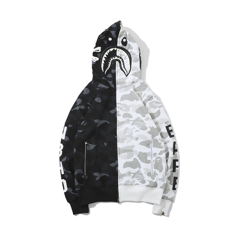 100% cotton fashion pure cotton shark head embroidery casual fashion men's and women's zipper hoodie