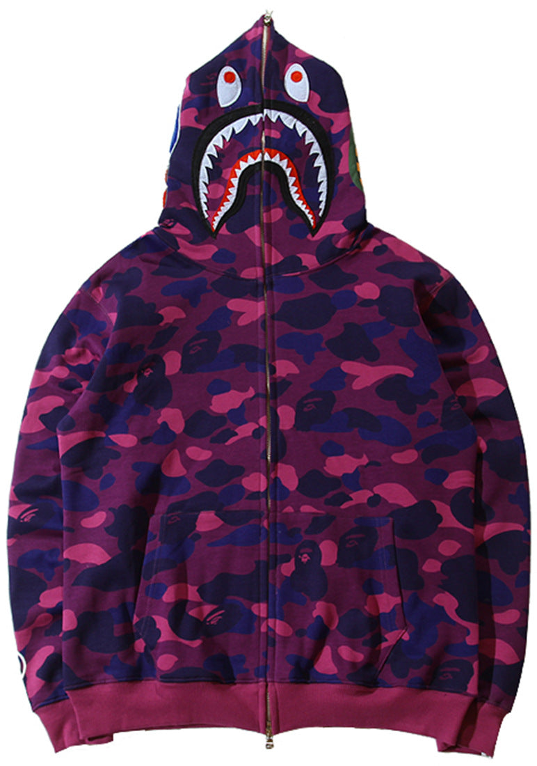 100% cotton fashion pure cotton shark head embroidery casual fashion men's and women's zipper hoodie